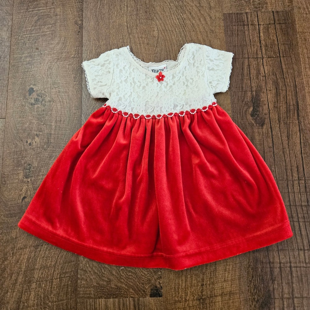 Vintage Girls Red Velvet White Lace Holiday Christmas Dress 2T Made in USA